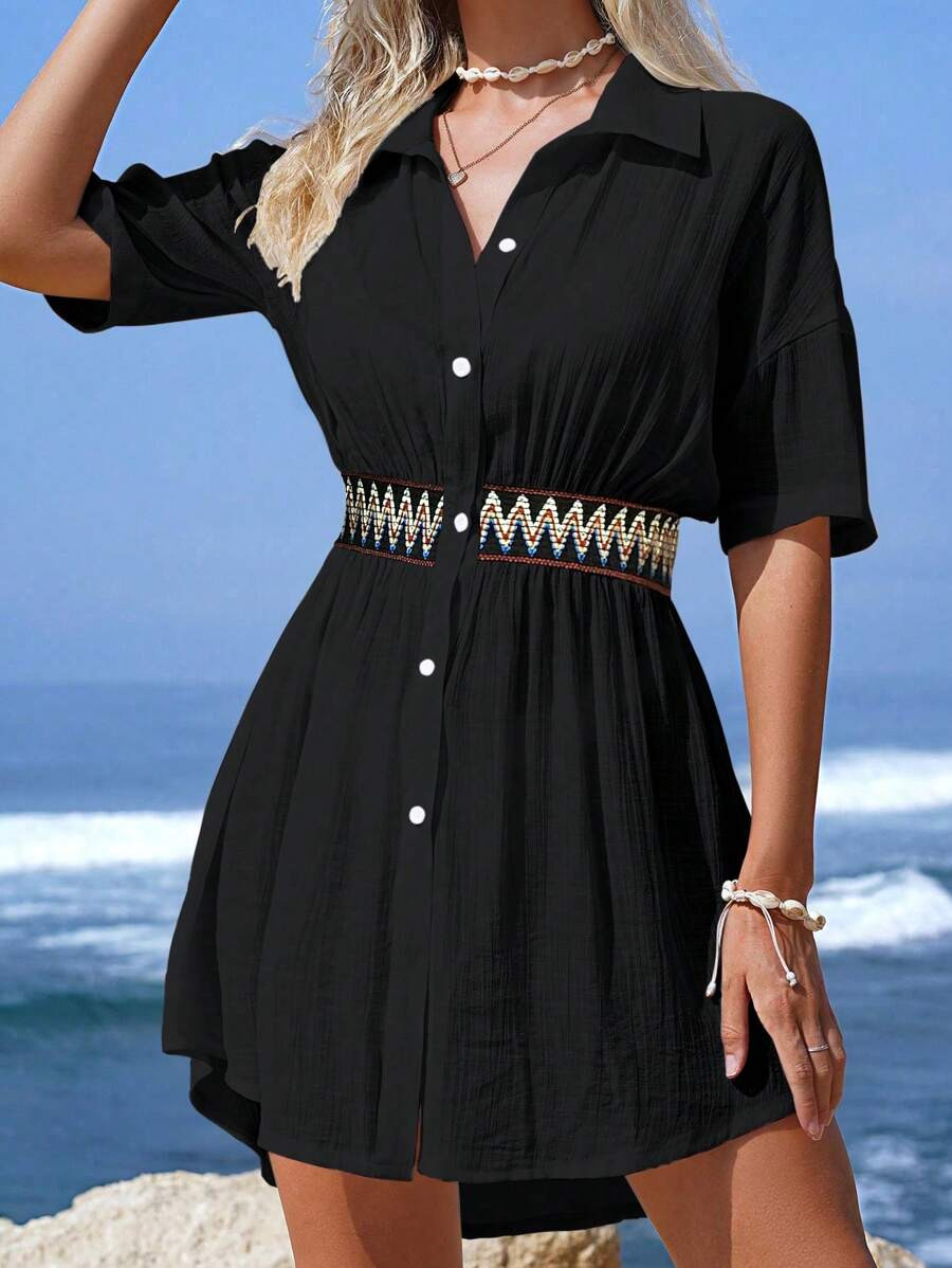 Swim Vcay Summer Beach 1pc Color Block Panel High Low Buttoned Up Kimono | SHEIN
