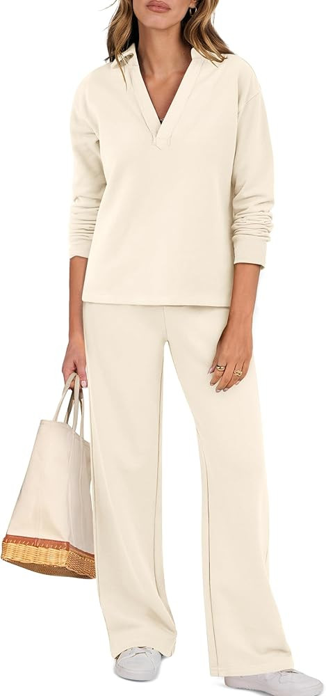 ANRABESS Lounge Sets for Women 2 Piece Outfits Sweatsuit Set Fall V Neck Sweatshirts Wide Leg Pan... | Amazon (US)