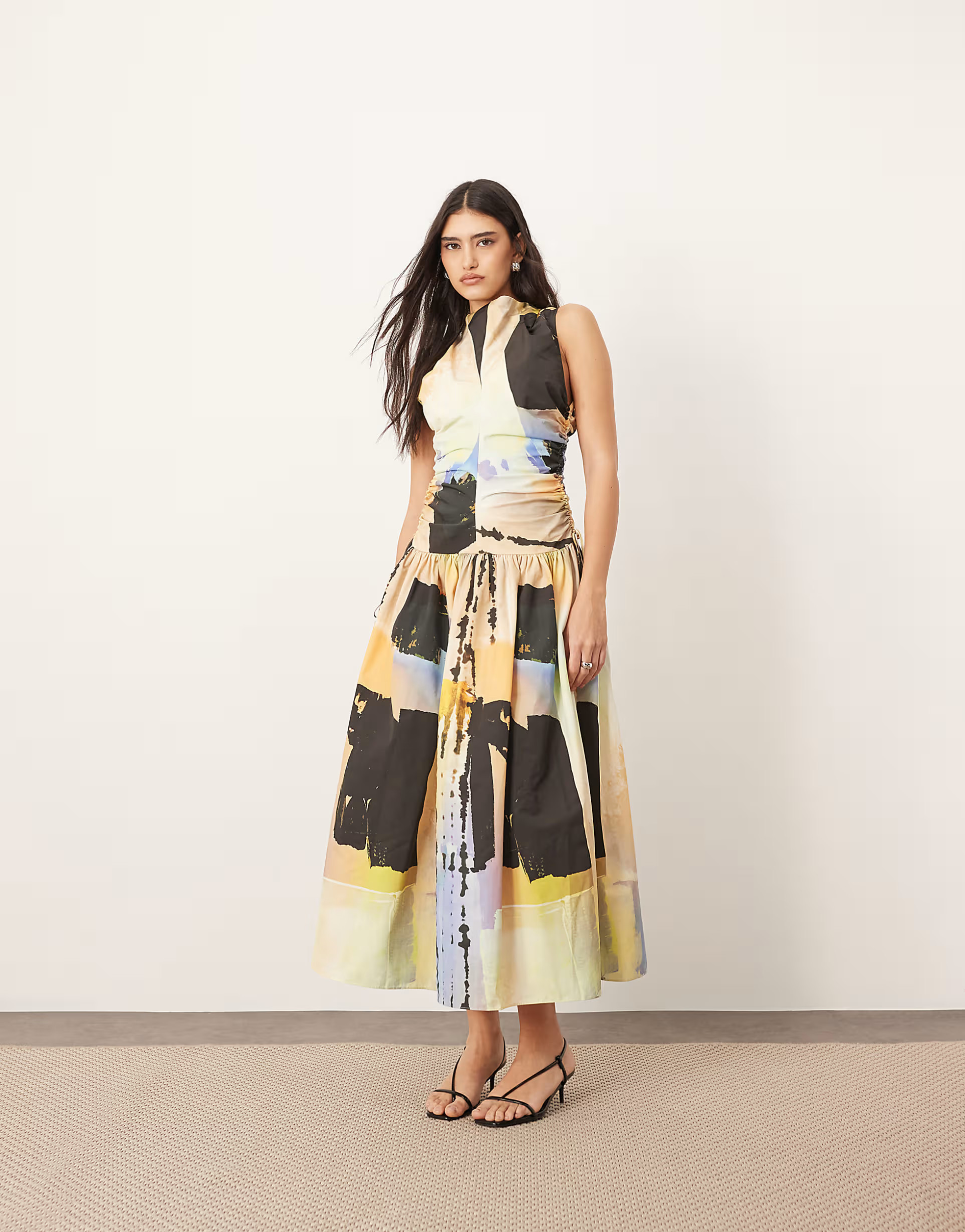 ARRANGE drop waist ruched detail funnel neck midi dress in paint print | ASOS (Global)