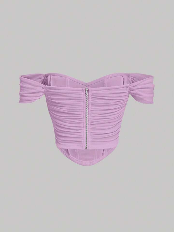 SHEIN MOD Off Shoulder Ruched Mesh Top | SHEIN