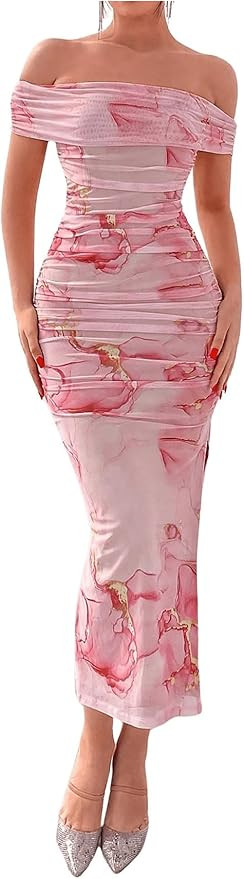Floerns Women's Floral Print Off Shoulder Short Sleeve Ruched Bodycon Long Dress | Amazon (US)