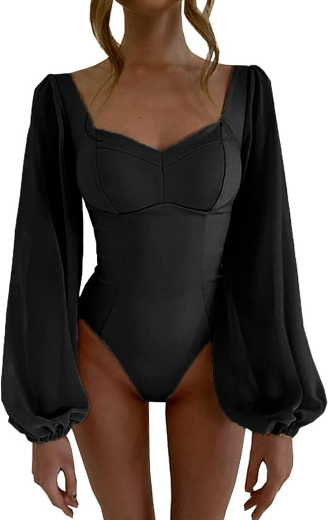 Syydn Women's Sexy Square Neck Bodysuits Puff Sleeve Tops Bodycon Jumpsuit | Amazon (US)