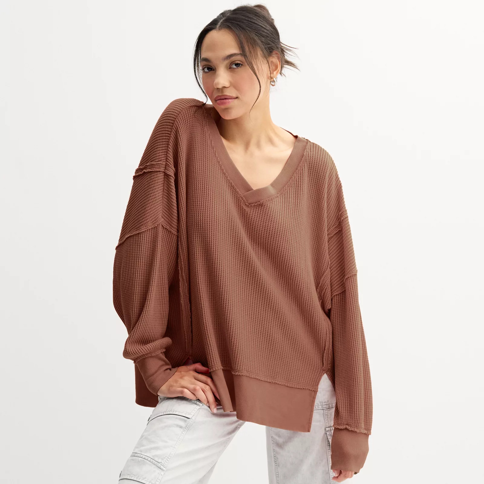 Juniors' SO® Oversized Waffle V Neck Top | Kohl's