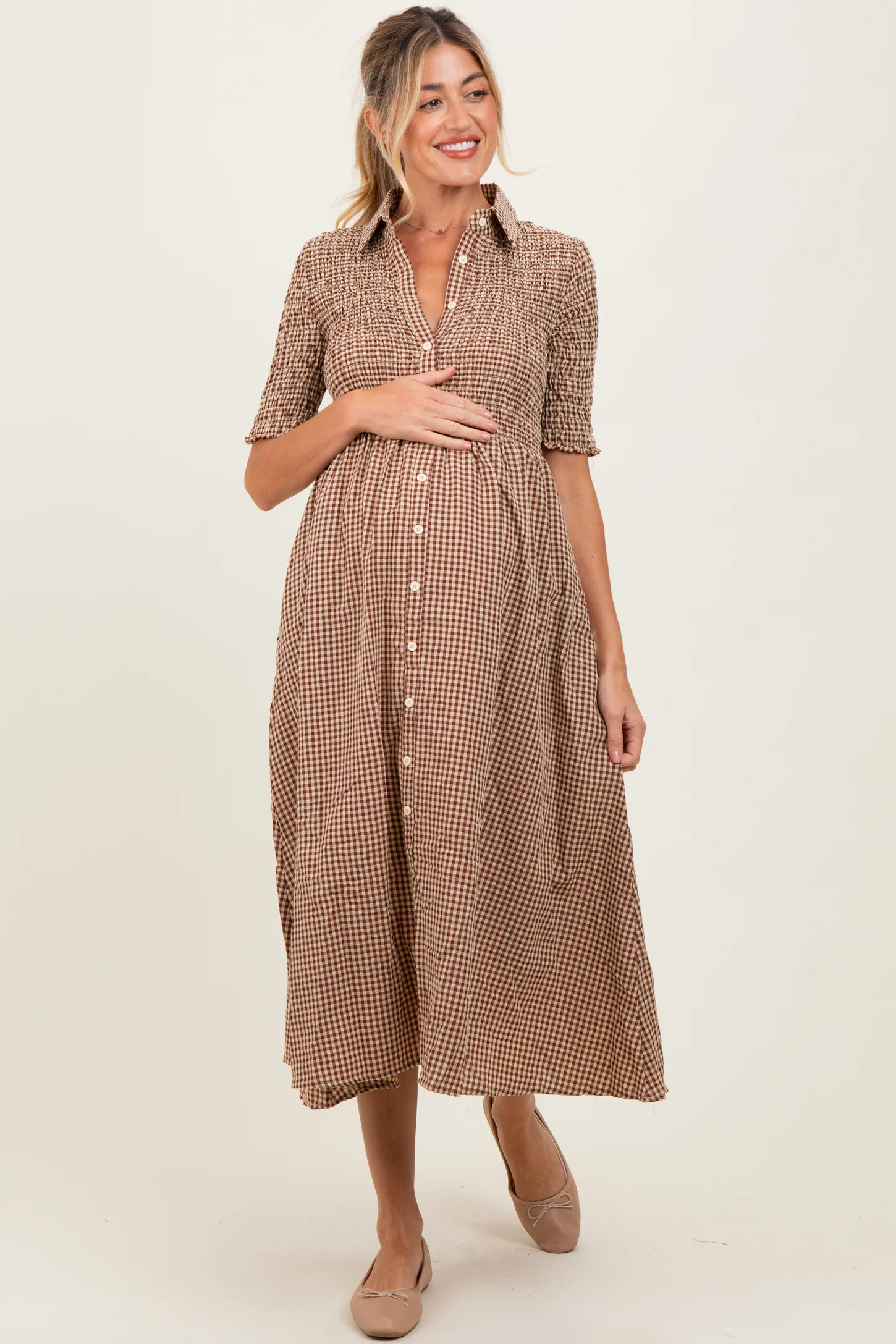 Mocha Gingham Smocked Button Down Maternity Midi Dress | PinkBlush Maternity