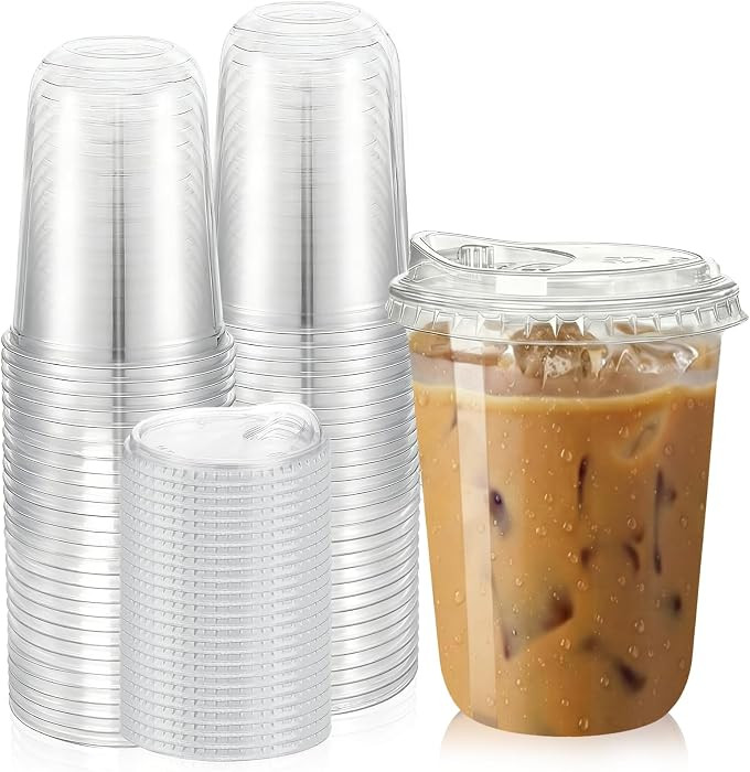 50 Pack 16 oz Clear Plastic Cups With Strawless Sip-Lids, Iced Coffee Cups with Strawless lids, D... | Amazon (US)