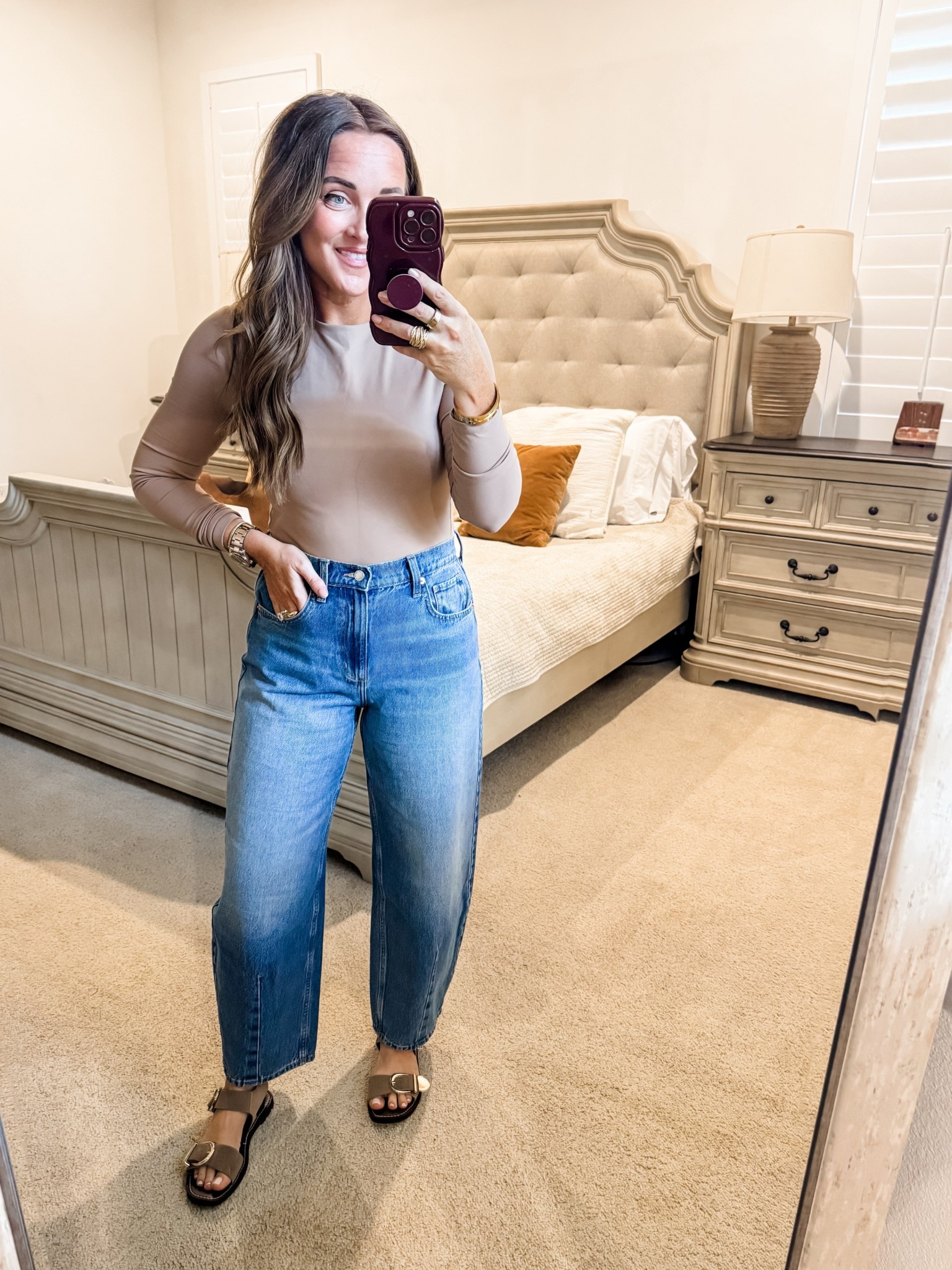 Bodysuit - M, Denim - 6 (tts) 
5’2” 145 lbs 
—
Abercrombie body suit | Abercrombie top | Target denim | Barrel leg denim | Washed denim | Fall denim | Target sandals | Gold buckle sandals | Casual look | Casual office attire 

#LTKootd #LTKFindsUnder50 #LTKWorkwear