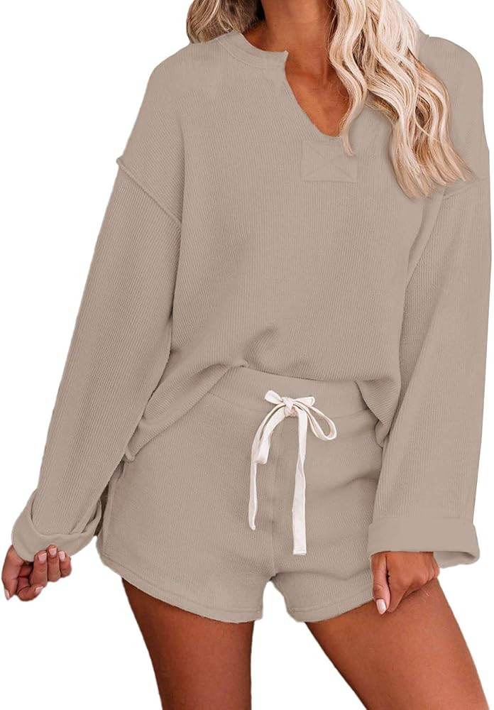 Women's Casual V Neck Long Sleeve Solid Color Knit Pullover Sweatsuit 2 Piece Short Henley Sweate... | Amazon (US)