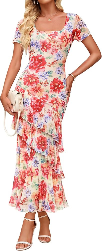 ZESICA Women's Summer Floral Bodycon Maxi Dress 2026 Square Neck Mesh Ruffle Elegant Cocktail Wed... | Amazon (US)