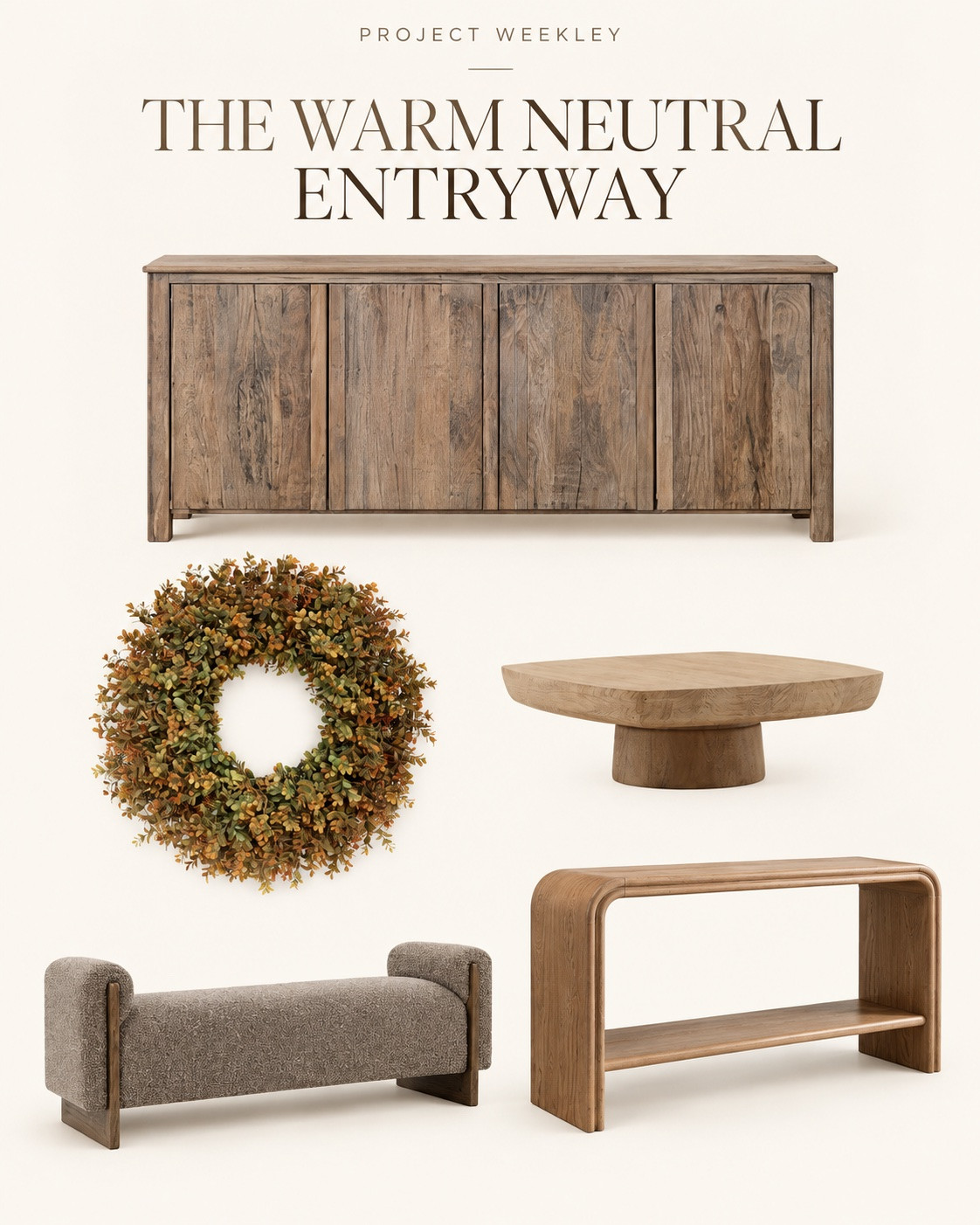 Want your entryway to feel welcoming and pulled together? Think warm wood, soft texture and a little greenery 🤎 This mood board brings together console options, an upholstered bench, a wreath and a raised decorative tray so you can choose what fits your space. Pick a starting piece and build your own combination around it. Save this for your entryway refresh and shop the tagged finds.

#LTKHome