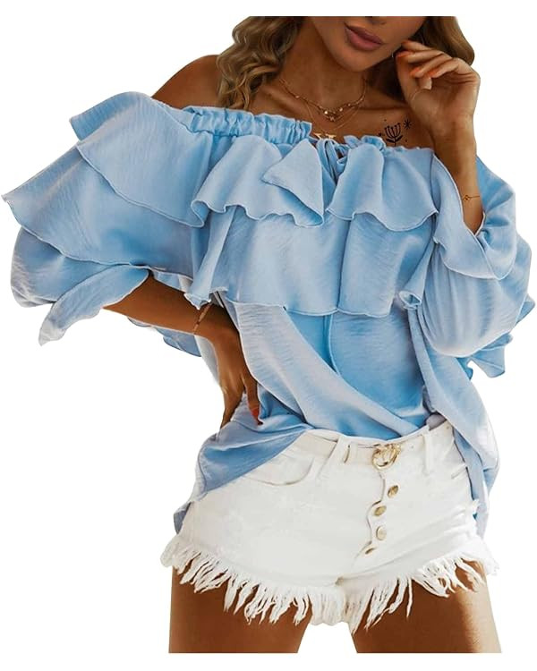 Byinns Women's Off Shoulder Ruffle Trendy Summer Fashion Long Sleeve Blouse Sexy Dressy Casual Ou... | Amazon (US)
