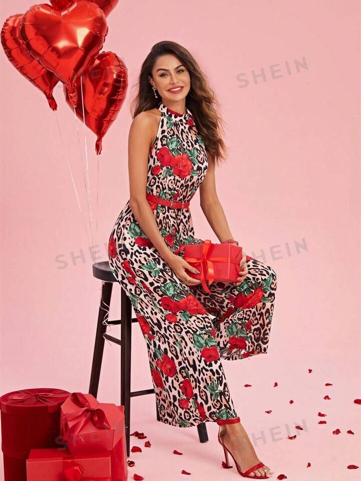SHEIN Clasi Women Leopard & Rose Printed Sleeveless Summer Jumpsuit | SHEIN
