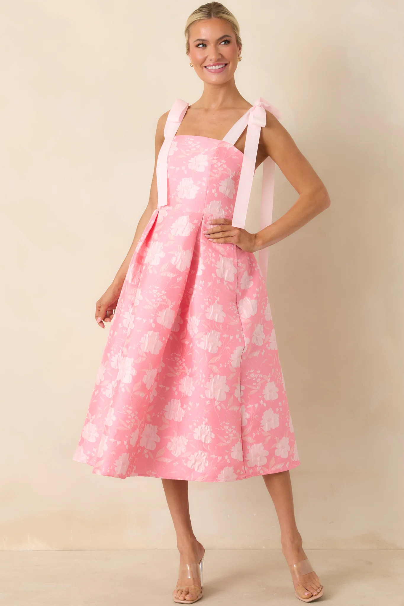 Sweet Disposition Pink Floral Jacquard Tie Strap Midi Dress | Red Dress