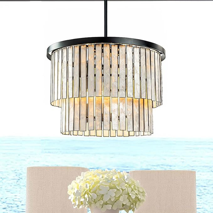 5-Light W20 Farmhouse Coastal Capiz Seashells Chandelier in Matte Black with Rectangular Shells P... | Amazon (US)