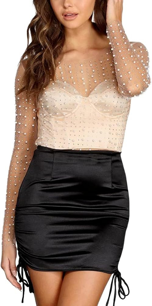 Women Pearl Mesh Sheer Crop Top Beaded Rhinestone See Through Long Sleeve Blouse Embellished Dot ... | Amazon (US)