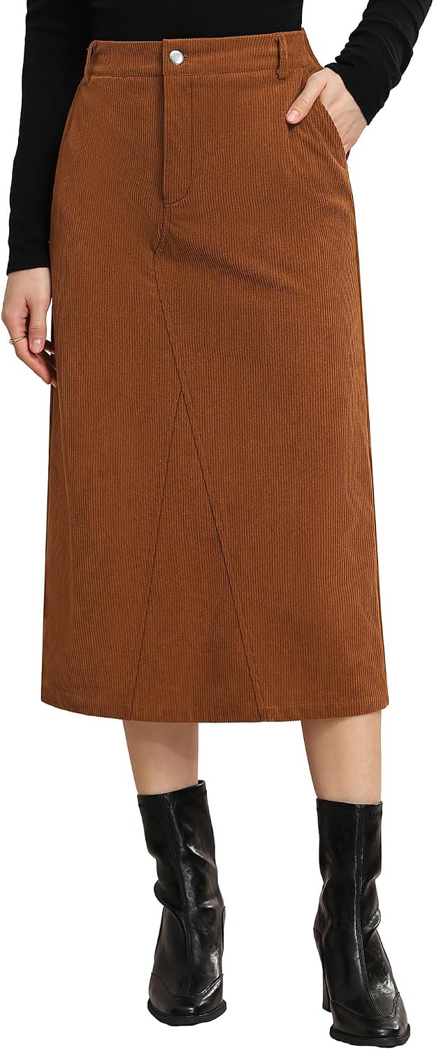 Kate Kasin Women Corduroy Midi Skirts, Fall High Waist Skirt with Pockets | Amazon (US)