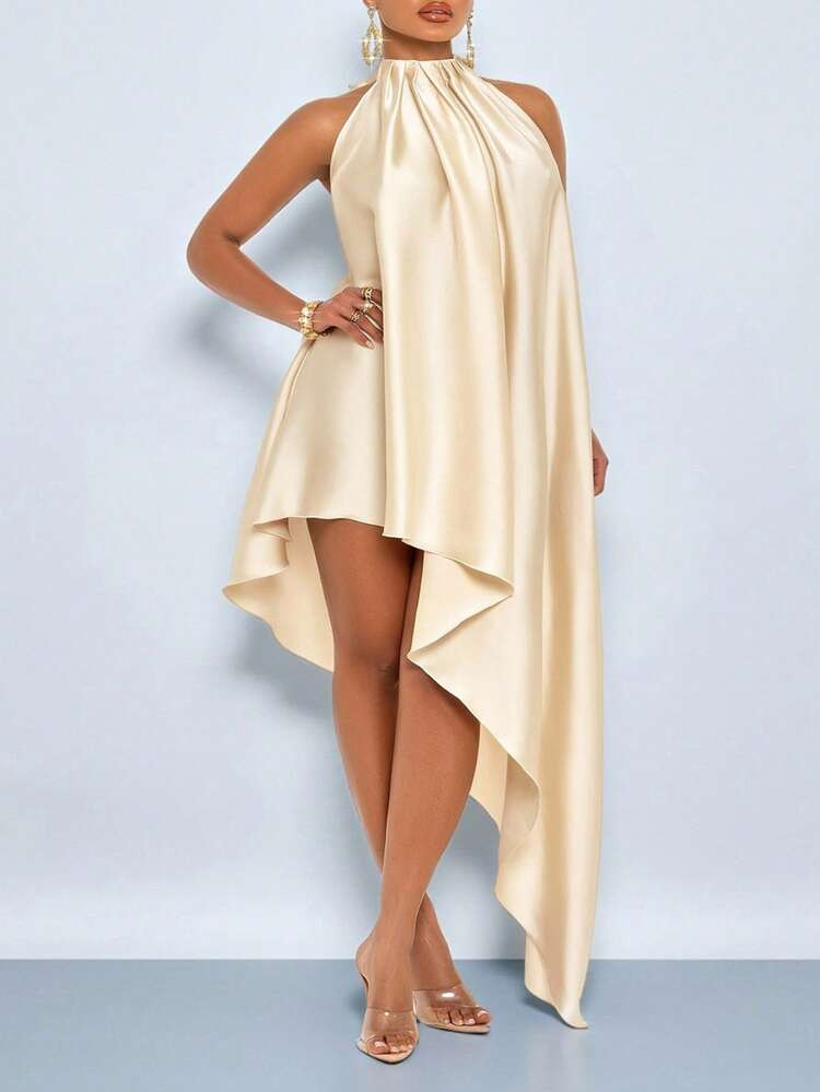 SOLERSUN Plus Size Women's Halter Dress With Pleated Details And Irregular Diagonal Hem, Perfect For Dates, Festivals And Parties. | SHEIN
