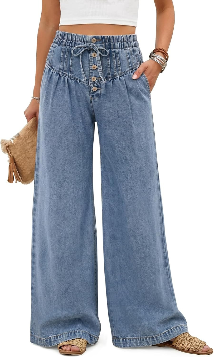 Tankaneo Womens Wide Leg Pants Drawstring Baggy Jeans Denim Palazzo Pants | Amazon (US)