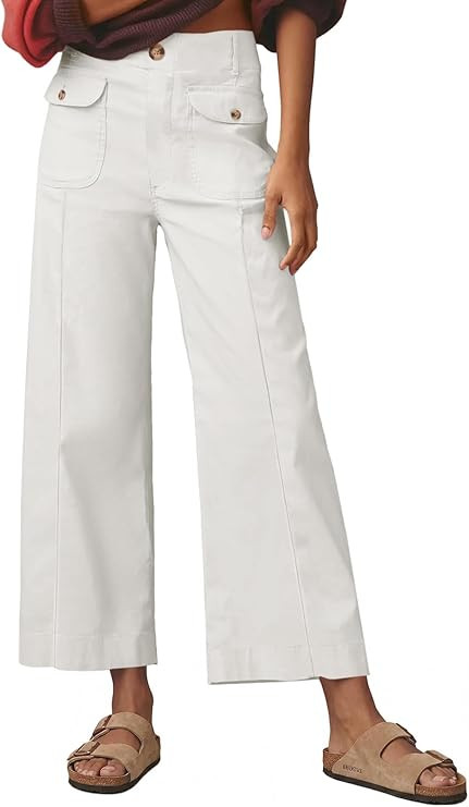 Cicy Bell Womens Cropped Wide Leg Pants Baggy High Waisted Straight Summer Casual Pants with Vert... | Amazon (US)