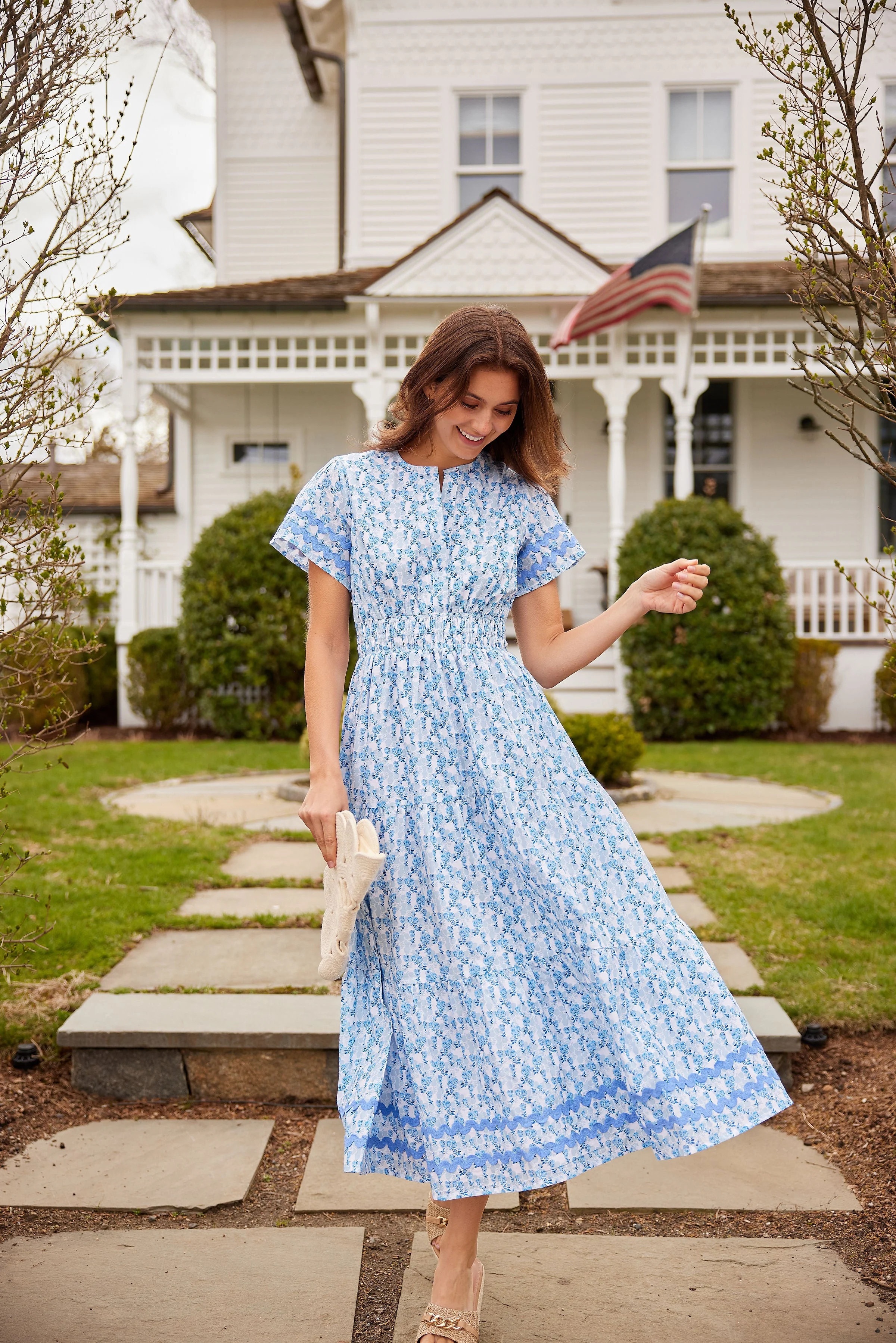 Ditsy Floral Cinched Waist Midi Dress with Ric-Rac | Sail to Sable