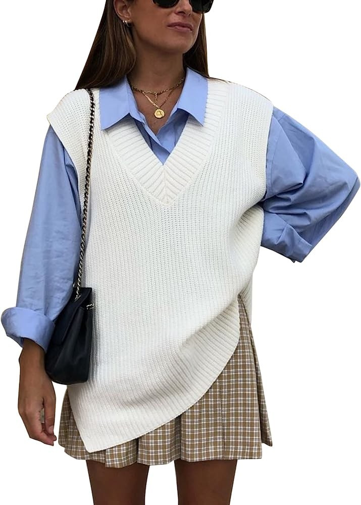Cowasto Womens Oversized Knit Sweater Vest V Neck Loose Solid Tunic Sleeveless Knitwear Pullover ... | Amazon (US)