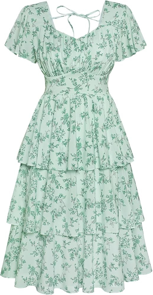 Belle Poque Women's Square Neck Tiered Ruffle Dress 2025 Summer Vintage Short Sleeve Layered A-li... | Amazon (US)
