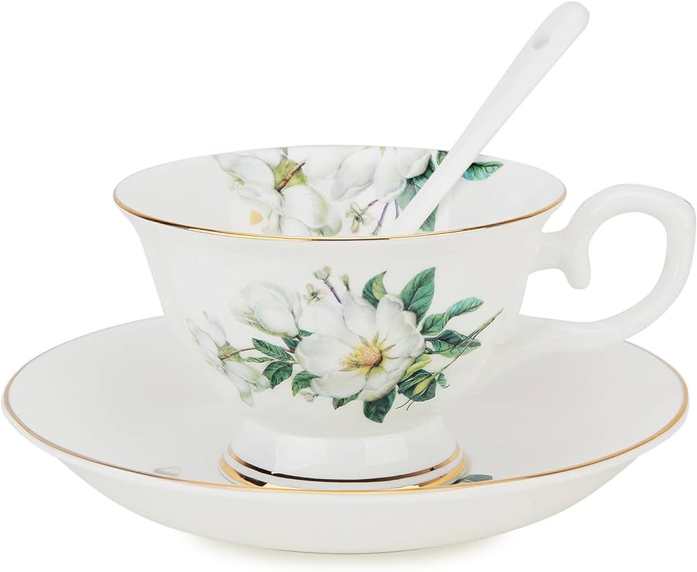 Kitchenexus Porcelain Tea Cup and Saucer Vintage Ceramic Tea Cup with Gold Trim Elegant Floral Te... | Amazon (US)