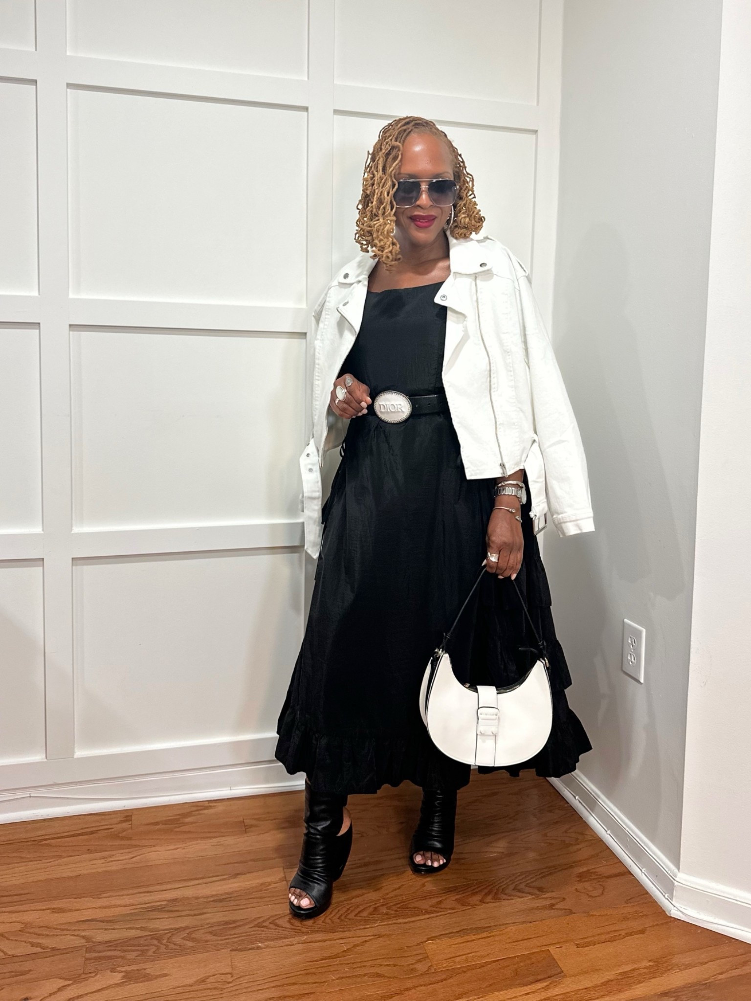 Black and White is always is style 
Black Dress and wedge heels 
White denim moto jacket

#LTKMothersDay #LTKdayinmylife #LTKootd