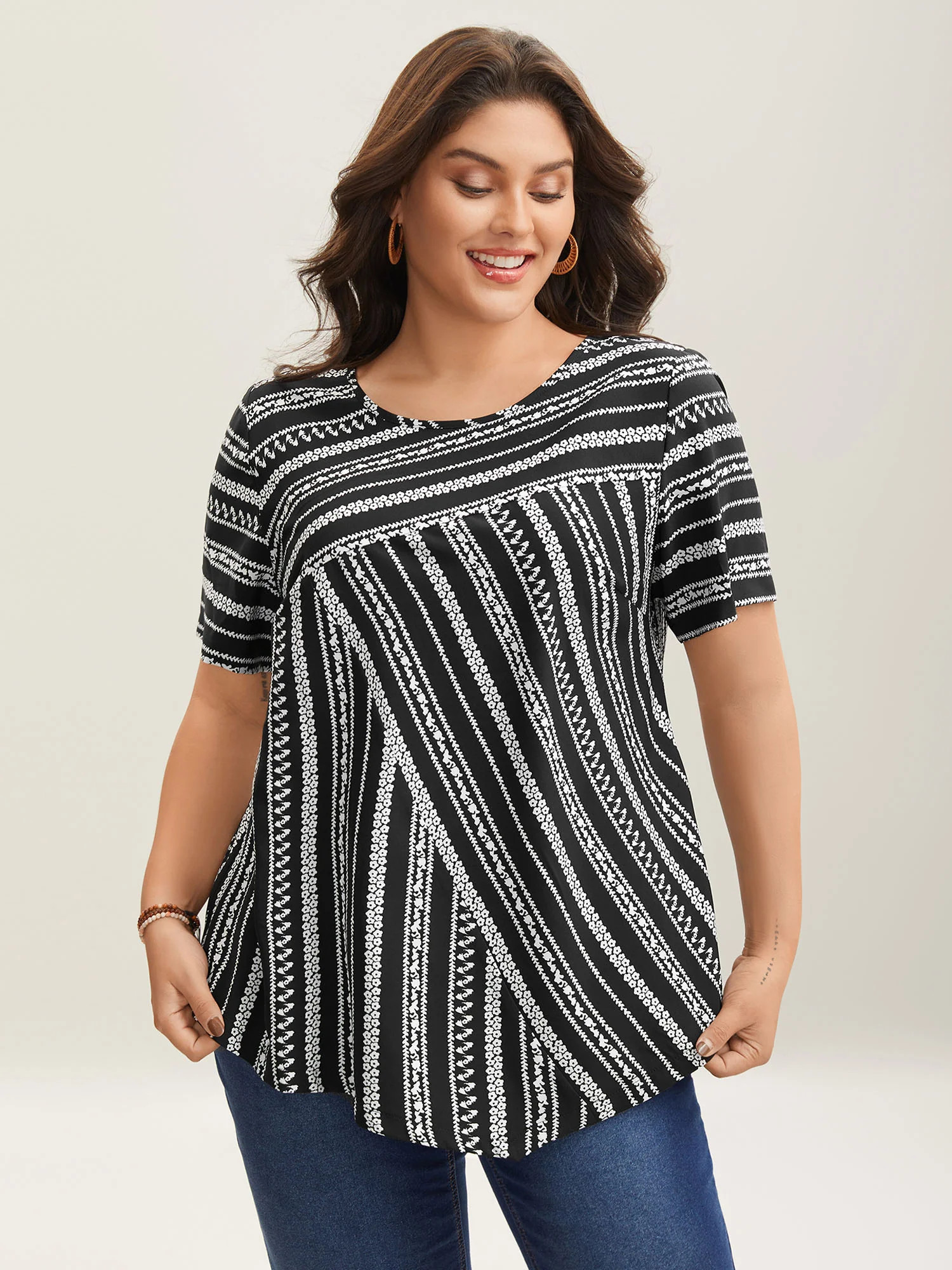 Striped Overlap Print Curvy Hem Blouse | Bloomchic
