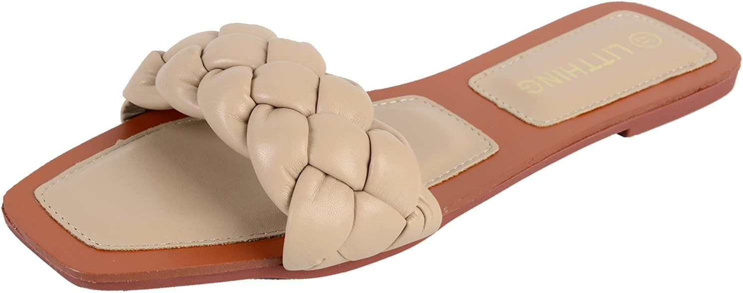 Litthing Women's Square Toe Sandals Women Summer Sandals Slippers Open Weave Flats Slip On Cute S... | Amazon (US)