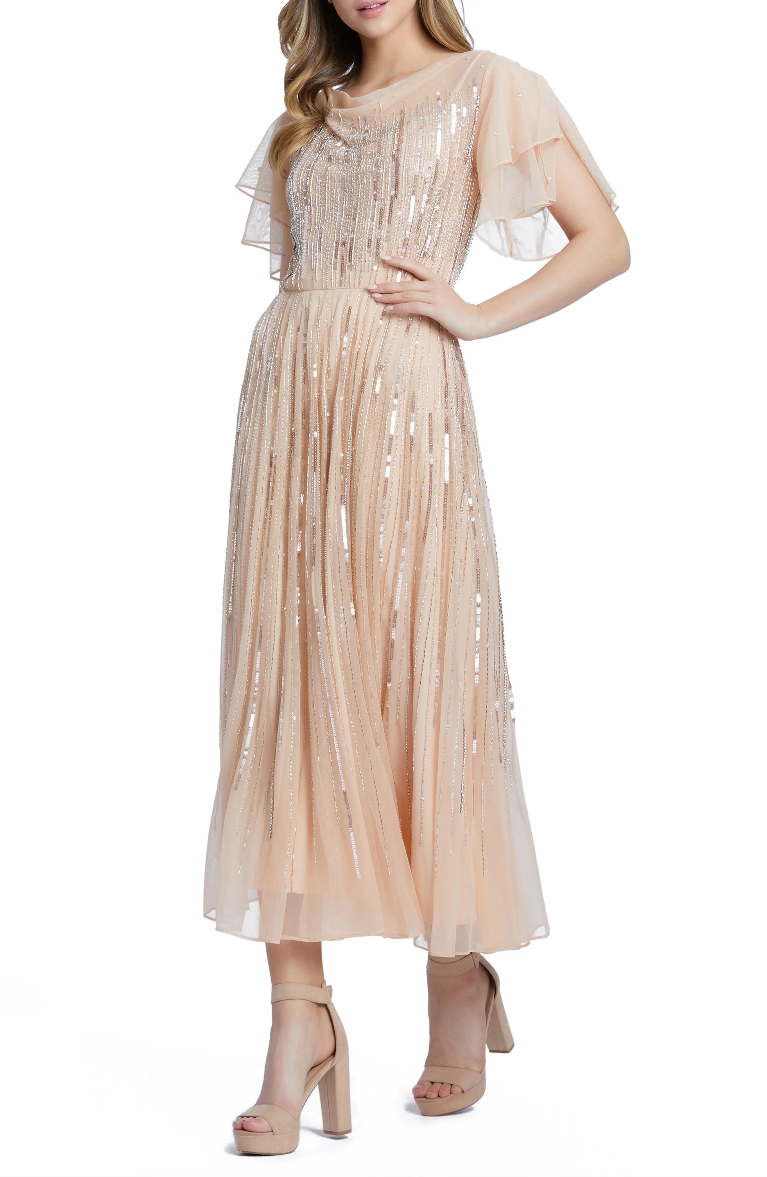 Women's MAC Duggal Embellished Cowl Neck Flutter Sleeve Mesh Dress, Size 14 - Beige | Nordstrom