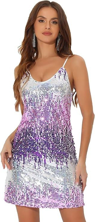 Allegra K Women's Glitter Sequin Dress Spaghetti Strap V Neck Party Cocktail Sparkly Mini Dress C... | Amazon (US)