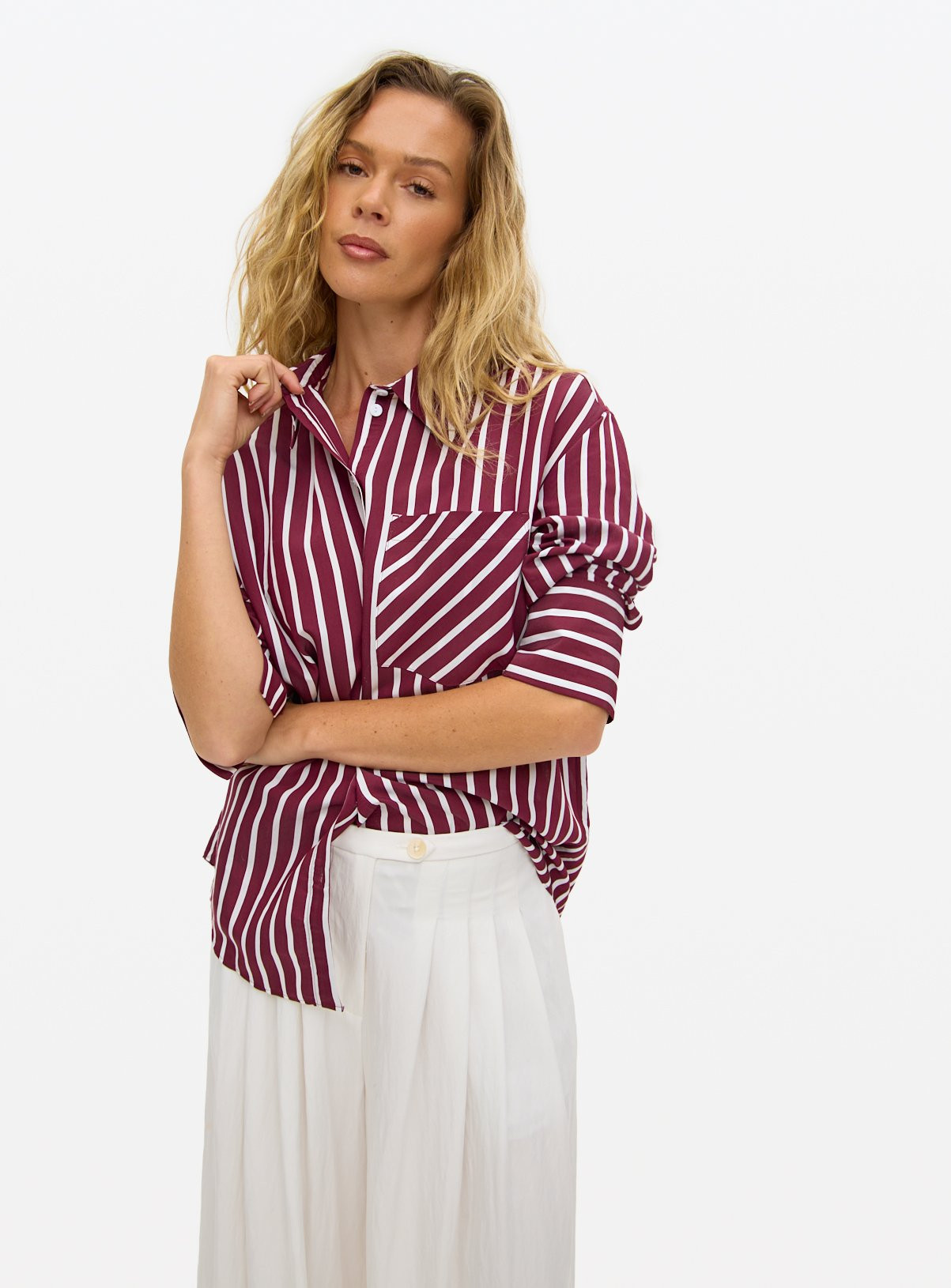 Burgundy Striped Relaxed Poplin Shirt 24 | argos.co.uk