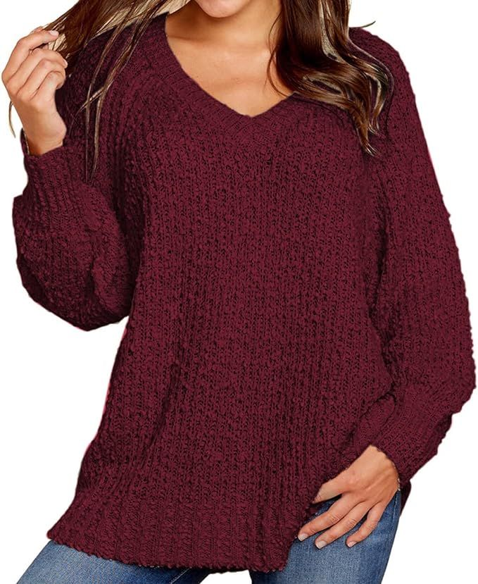 KIRUNDO Women’s Winter Fuzzy Popcorn Sweater V Neck Long Sleeves Loose Fit Sweatshirt Solid Top... | Amazon (US)