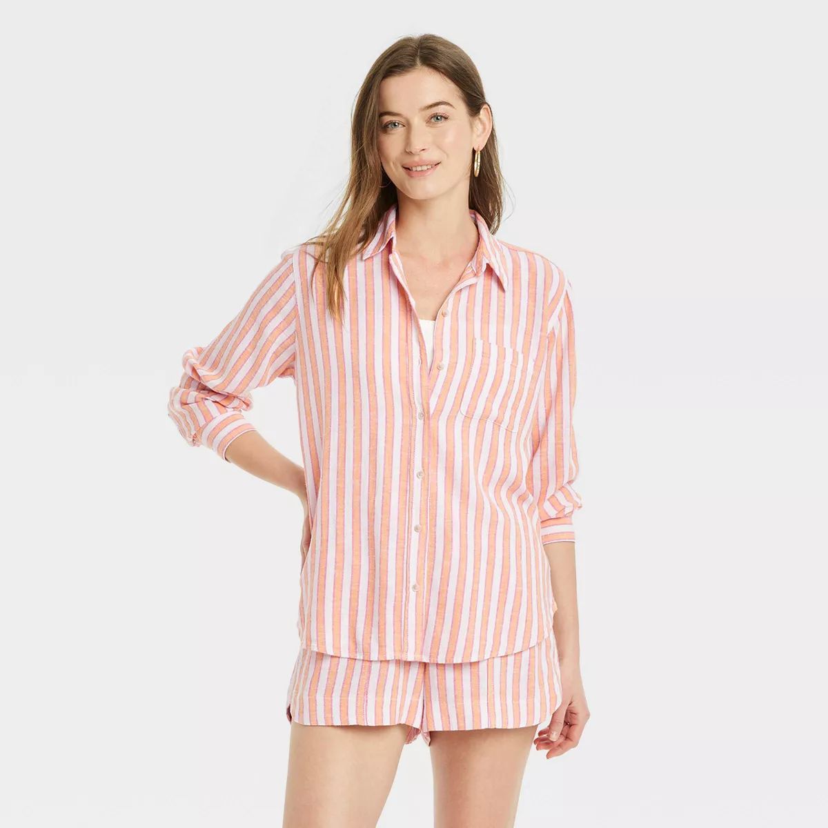 Women's Linen Long Sleeve Collared Button-Down Shirt - Universal Thread™ Orange Striped M | Target