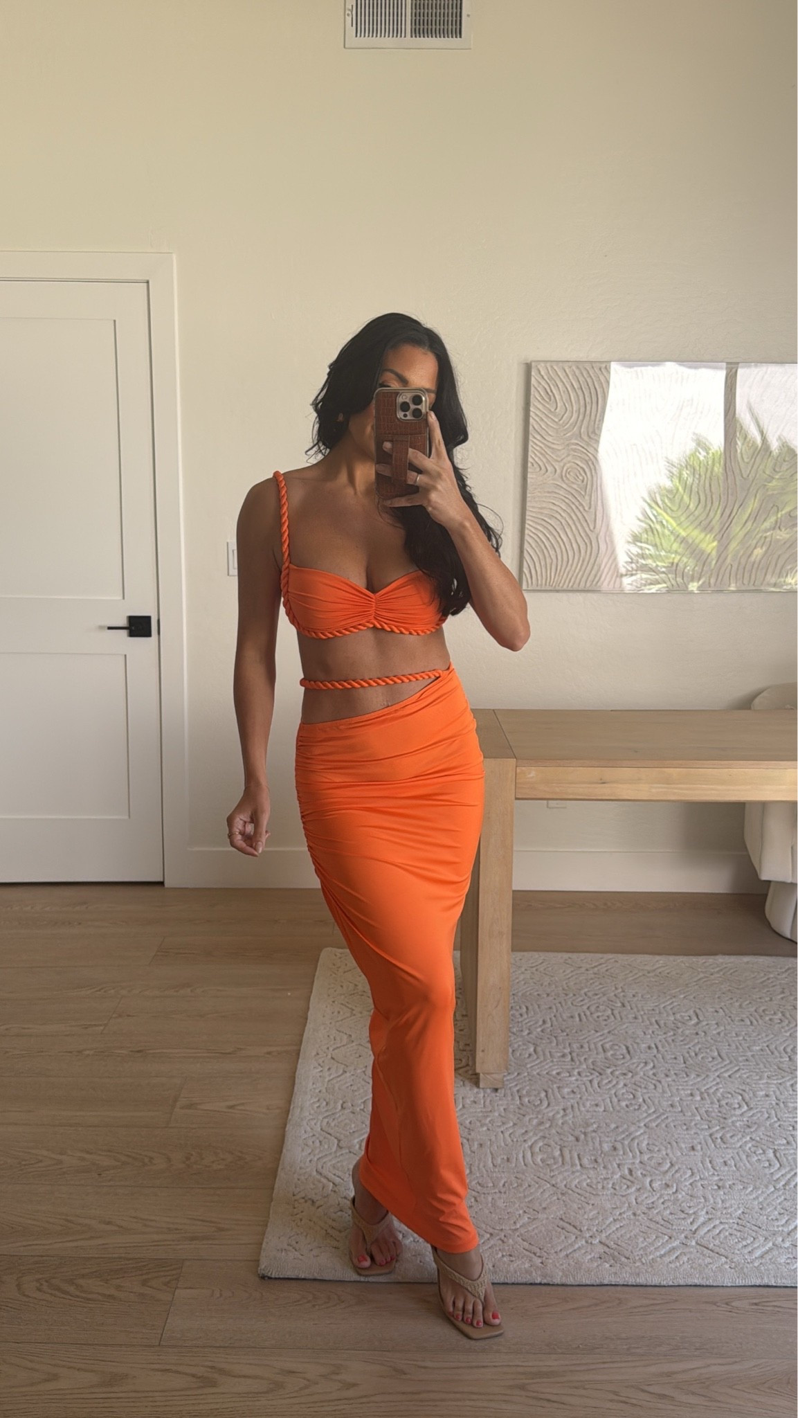 Amazon resort skirt set size XS // comes in other colors! It’s very stretchy! 

Orange outfit 
Skirt set 
Vacation