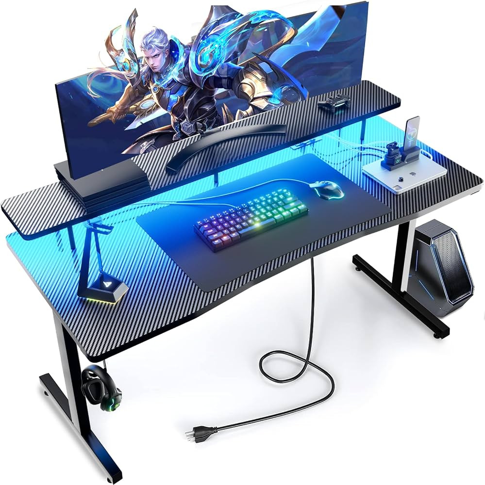 GTRACING 55 Inch Gaming Desk, Computer Gamer Desk with Monitor Stand, Ergonomic Carbon Fiber Surf... | Amazon (US)