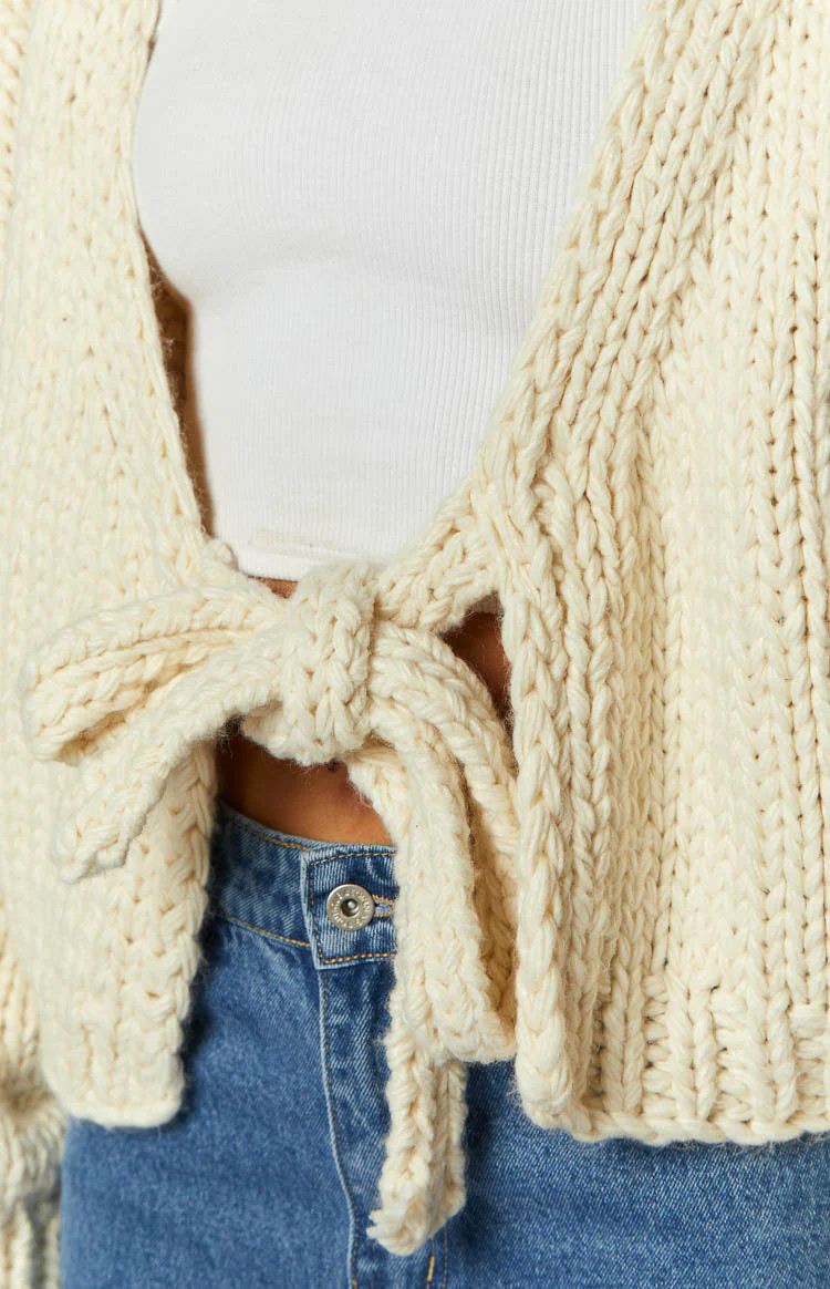 Holiday Cream Tie Up Knit Cardigan | Beginning Boutique (US)