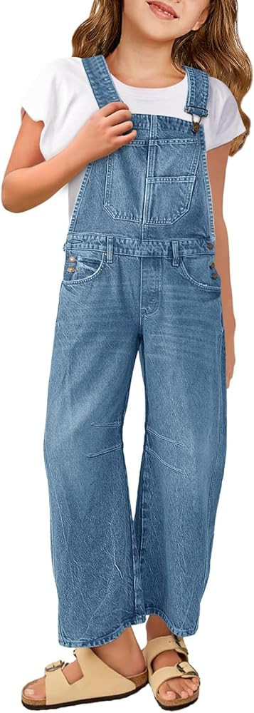 Haloumoning Girls Denim Overalls Kids Sleeveless Wide Leg Jumpsuit Bib Overall with Pockets 4-14 ... | Amazon (US)