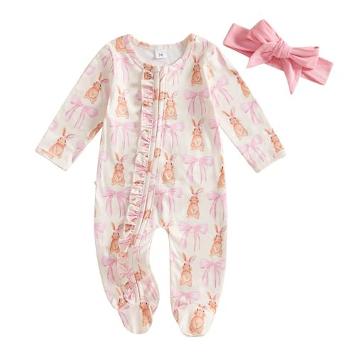 Ayalinggo Valentines Baby Girl Outfit Bowknot Heart Footie Romper Long Sleeve Onesie Newborn Christmas Clothes (Easter bunny onesie, 3-6 Months) | Amazon (US)