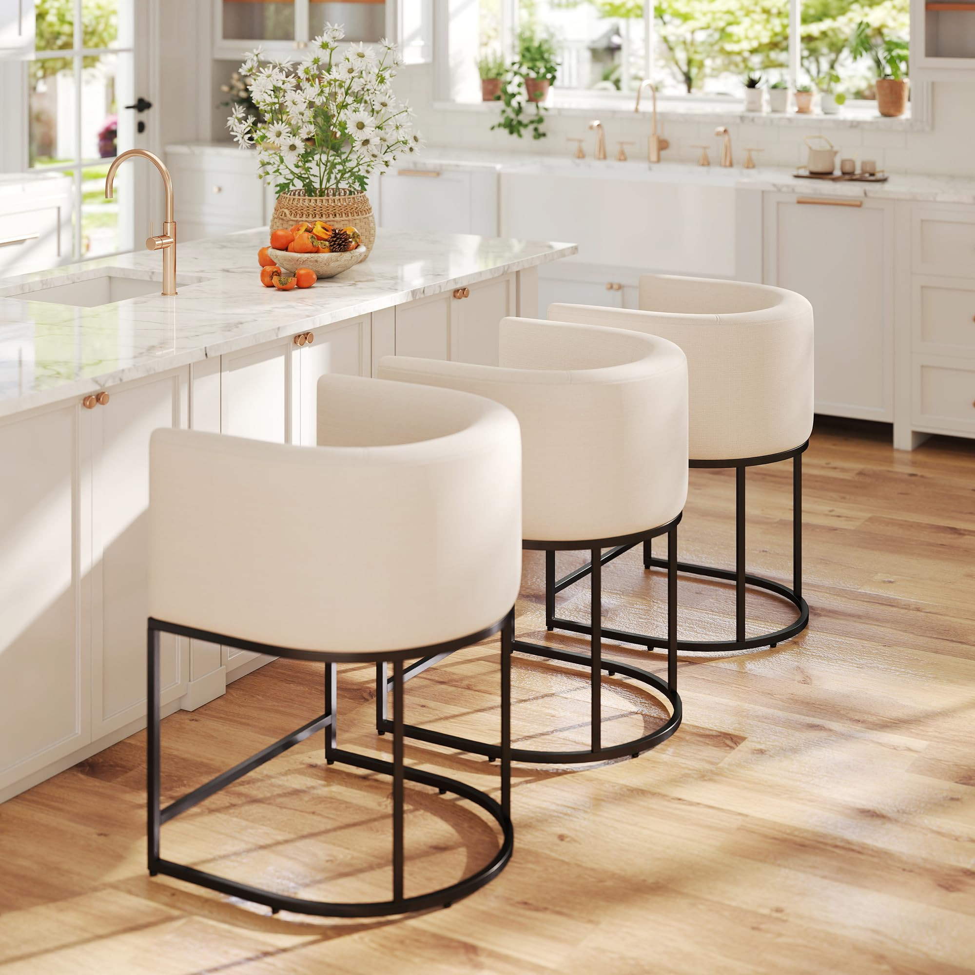 HNY Modern Counter Height Linen Fabric Upholstered Counter Stools Set of 3, 24 Inch Kitchen Islan... | Amazon (US)