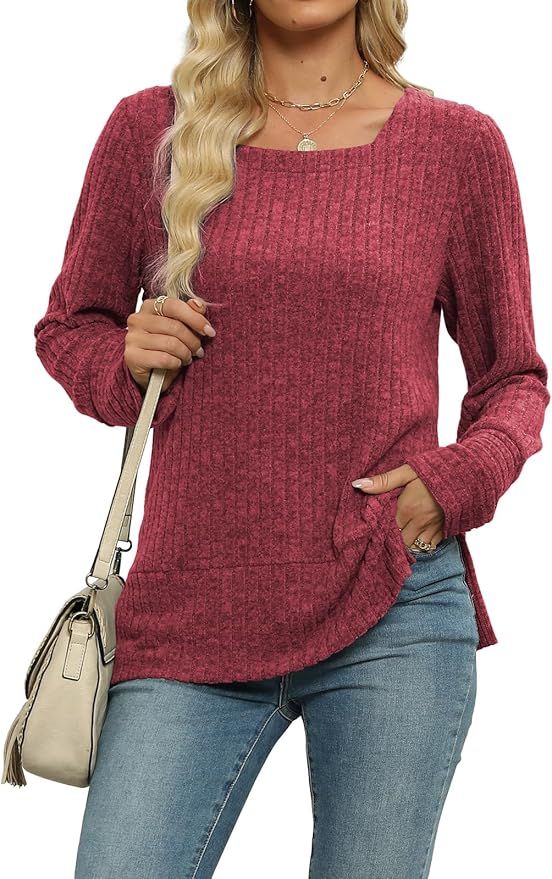 Sweaters for Women Long Sleeve Shirts Square Neck Sweatshirts Lightweight Loose Casual Fashion To... | Amazon (US)