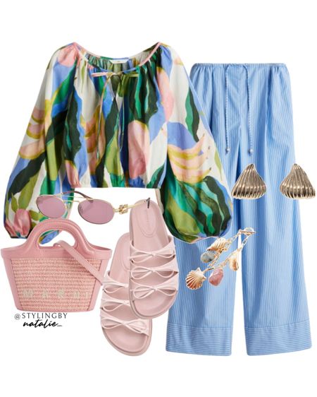 Ballon sleeve crop top, blue stripe pyjama pants, wide leg pull on trousers, pink sandals, Marni bag, Miu Miu sunglasses.
Summer outfits, holiday outfits, vacation outfit.

#LTKeurope #LTKmidsize #LTKstyletip