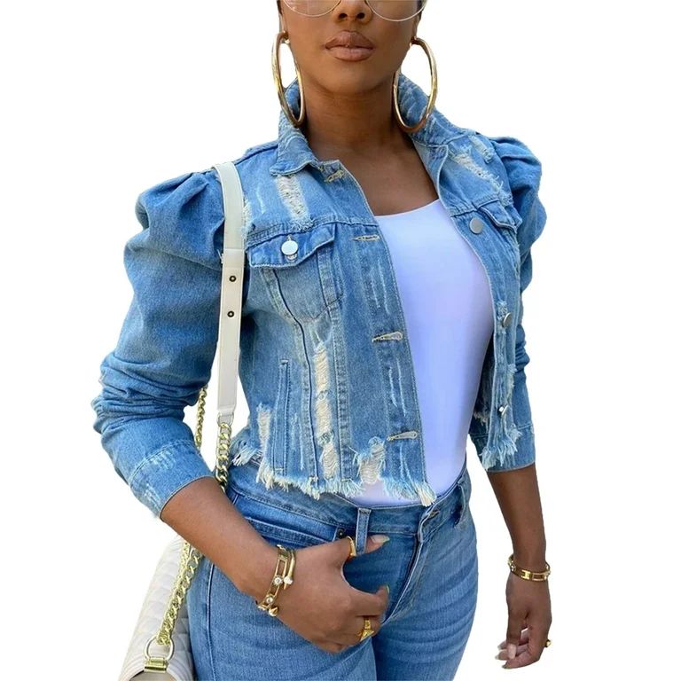 Musuos Women's Ripped Denim Jacket, Long Puff Sleeve Button Down Jean Coats | Walmart (US)