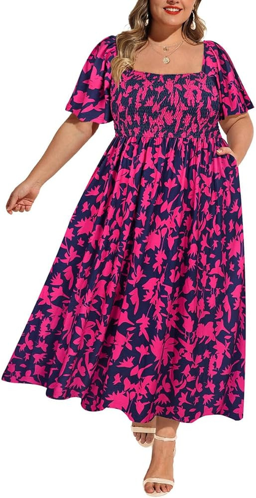 RITERA Plus Size Dresses for Curvy Women Square Neck Short Sleeve Summer Floral Smocked Maxi Dres... | Amazon (US)