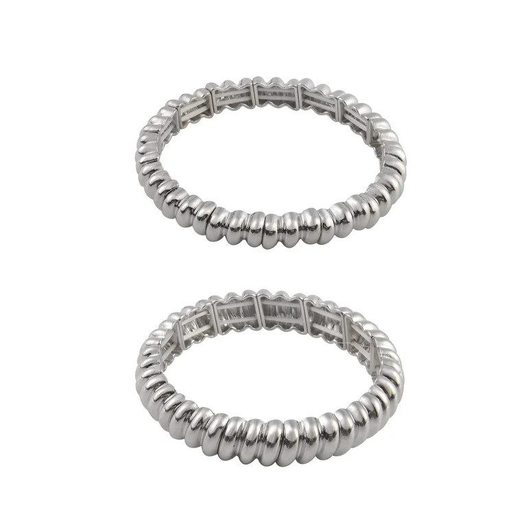 Time and Tru Adult Female Silver-Tone Textured Cast 2pc Stretch Bracelet Set - Walmart.com | Walmart (US)