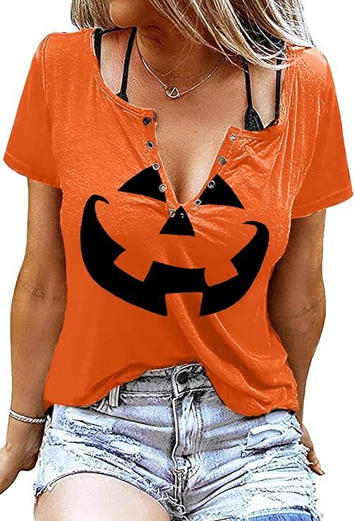 Halloween Pumpkin Face Shirts for Women Hocus Pocus Shirt Funny Pumpkin Tee Tops | Amazon (US)