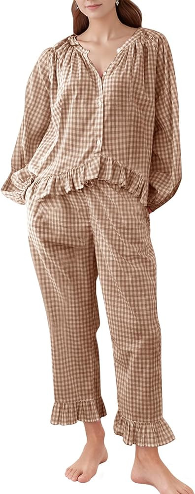 COZYPOIN Women's Cotton Gingham Pajama Set 2 Piece Long Sleeve Button Down Shirt Ruffle Pants Pla... | Amazon (US)