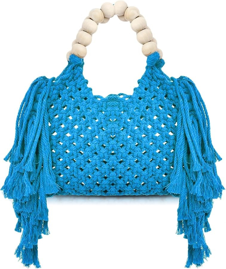 Handbags for Women, Hand-woven Knitted Cotton Handbags, Tassel Woven Bag, Wooden Bead Handle, Sho... | Amazon (US)