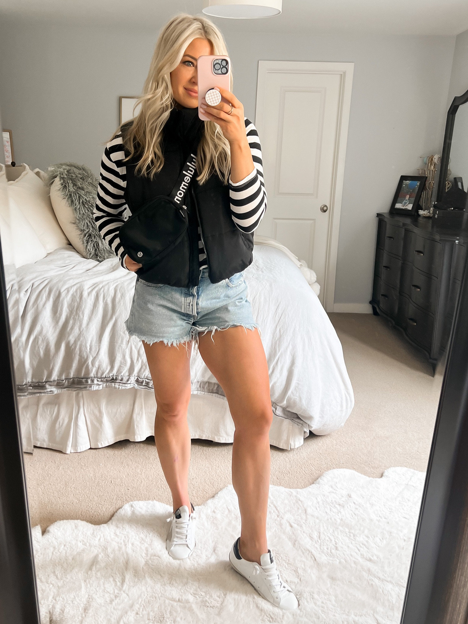 Striped shirt, vest, denim shorts, sneakers. Belt bag 

#LTKshoecrush #LTKstyletip #LTKunder50