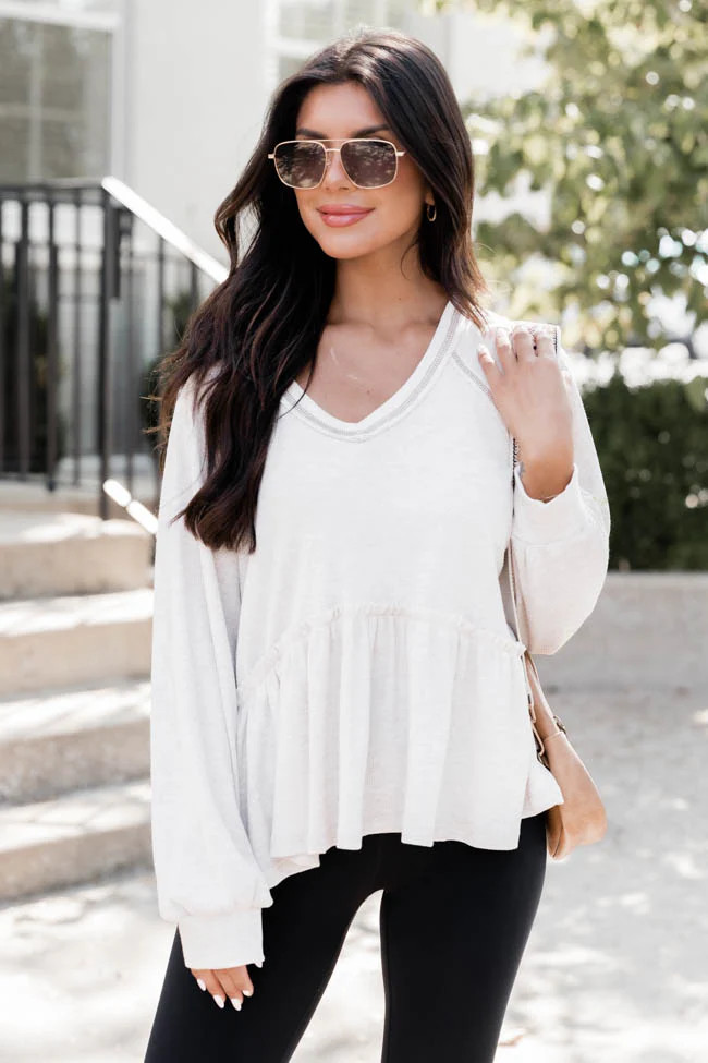 Much To Do Oatmeal Peplum Top | Pink Lily